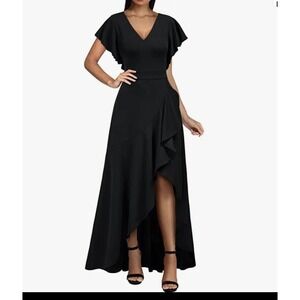 Miusol Women's Medium Dress Hi-Low Hem Ruffle V-Neck Black Stretch Evening Party